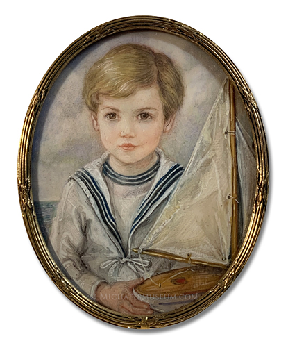 Portrait Miniaure by Felicity Campbell Portrait miniature by Felicity Campbell of Sir Andrew Ashton Waller Hills, 1st Baronet of Hills Court, Kent, at the age of five, wearing a sailor suit and holding a toy sailboat