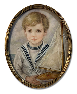 Portrait miniature by Felicity Campbell of Sir Andrew Ashton Waller Hills, 1st Baronet of Hills Court, Kent, at the age of five, wearing a sailor suit and holding a toy sailboat