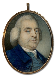 Portrait miniature by Thomas Day of a Georgian era gentleman in a powdered wig and wearing a blue coat and teal colored waistcoat