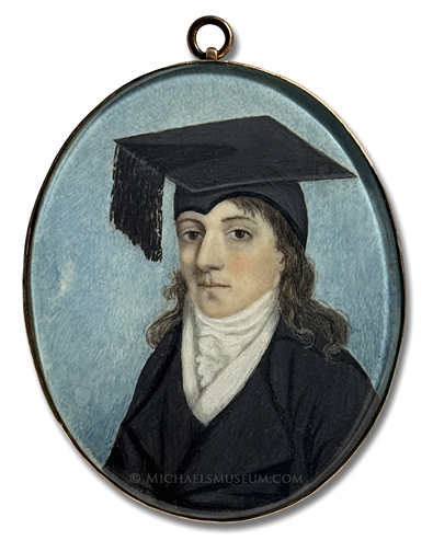 Portrait miniature of a late Georgian era university scholar wearing a black cloak and mortarboard