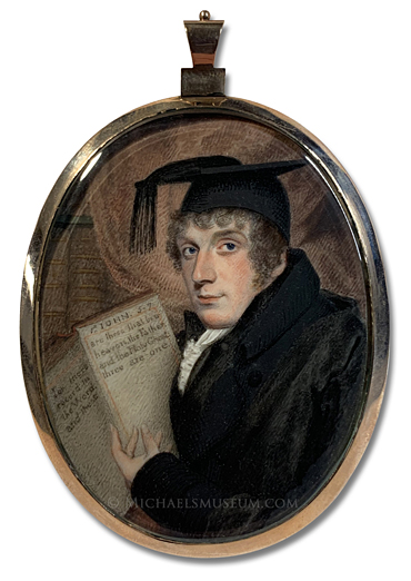 Portrait miniature of a late Georgian era theology student holding a bible open to the passage of 1 John 5:7