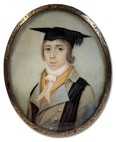 Portrait miniature of a late Georgian era university scholar wearing a black stole and mortarboard