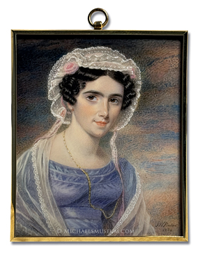 Portrait miniature by Isaac Wane Slater, depicting a Georgian Era lady of Worcester wearing a blue dress with a lace shawl and bonnet, and depicted with a sunset sky background