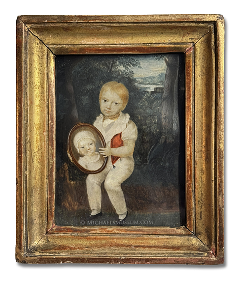 Miniature Portrait by by Marie-Hélène Dubuc de Cacrel Portrait miniature by by Marie-Hélène Dubuc de Cacrel of a young, Napoleonic Era boy, seated in a wooded landscape and holding the portrait of a young girl, presumably his deceased sister.