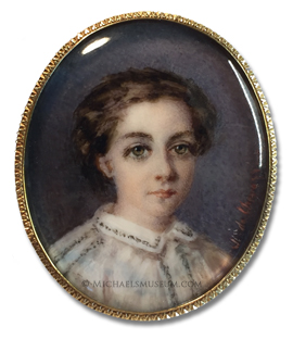 Portrait miniature by Marie de Chevarrier, depicting young girl of the Second French Empire with large, captivating eyes
