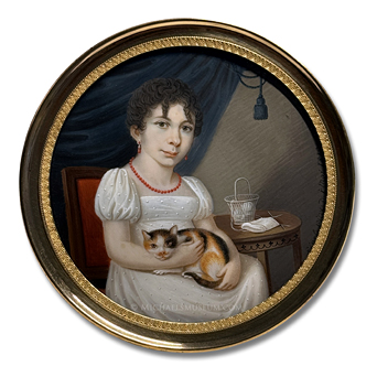 Portrait miniature by Josef Bernhard Einsle depicting a Napoleonic Era German lady, seated on a chair with a calico cat on her lap and kniting materials on a table to her side