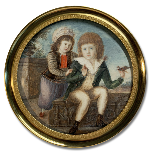 Portrait Miniature by Otto Gosse Portrait miniature by Otto Gosse of Caroline Sabina Victoria de Poulhariez-Cavanac (1792-1834) and Aimé-Jacques Poulhariez-Cavanac (1790-1836), the young children of the Marquis de Cavanac, playing with a bird
