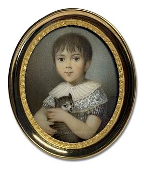 Miniature portrait by Georg Emanuel Opiz of an early nineteenth century girl holding her pet kitten