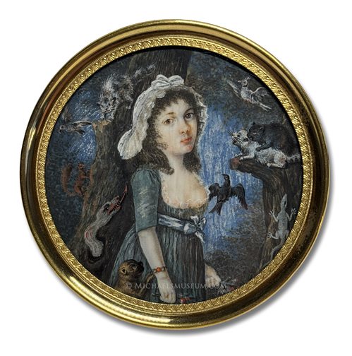Allegorical Miniature Depicting a Young Lady in a Dark Forest Surrounded by Various Animals Representing the 'Tug of War' between Good and Evil -- Artist Unknown Allegorical Miniature Depicting a Young Lady in a Dark Forest Surrounded by Various Animals Representing the 'Tug of War' between Good and Evil -- Artist Unknown