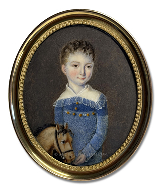 Miniature portrait of an Early Nineteenth Century Boy, Dressed in Blue and Depicted with His Beloved Toy Pony -- Artist Unknown
