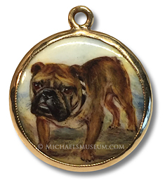 Portrait miniature in enamel by John William Bailey, depicting a chamption English bulldog named "Grabber"