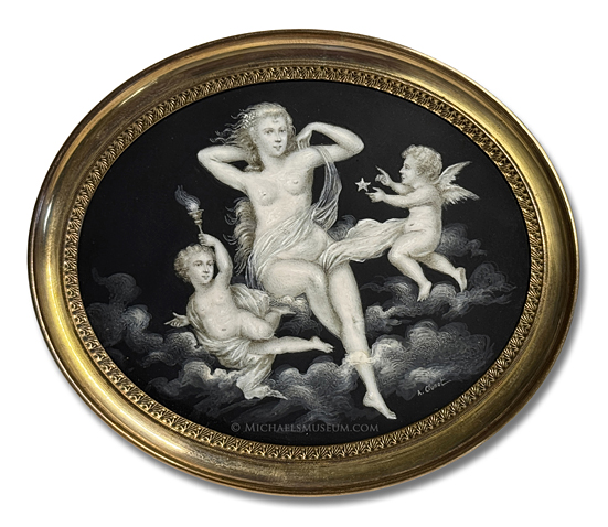 Miniature Portrait by A. Clunot Allegorical Miniature by A. Clunot Depicting an Interpretation of the Birth of Venus, Flanked by Two Cherubs, One Holding a Flaming Torch and the Other a Five-Pointed Star