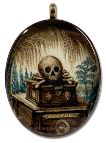 Georgian Era mourning miniature, rich with symbolism, including a skull and crossbones, reminiscent of older memento mori pieces