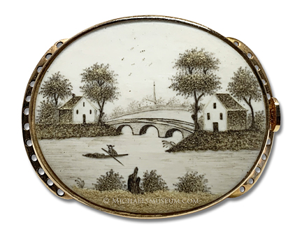Georgian Era Pastoral Scene, Painted in Miniature with Sepia-Toned Watercolor and Macerated Hair  
