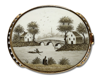 Georgian Era Pastoral Scene, Painted in Miniature with Sepia-Toned Watercolor and Macerated Hair  