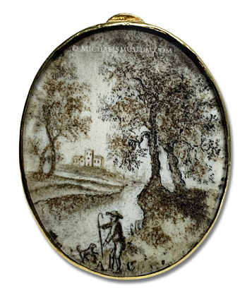 Georgian Era Pastoral Scene, Painted in Miniature with Sepia-Toned Watercolor and Macerated Hair  